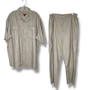 VTG Veezo Linen Blend Cargo Pant Camp Shirt 2 Piece Tan Set Men 2XL Safari Y2K